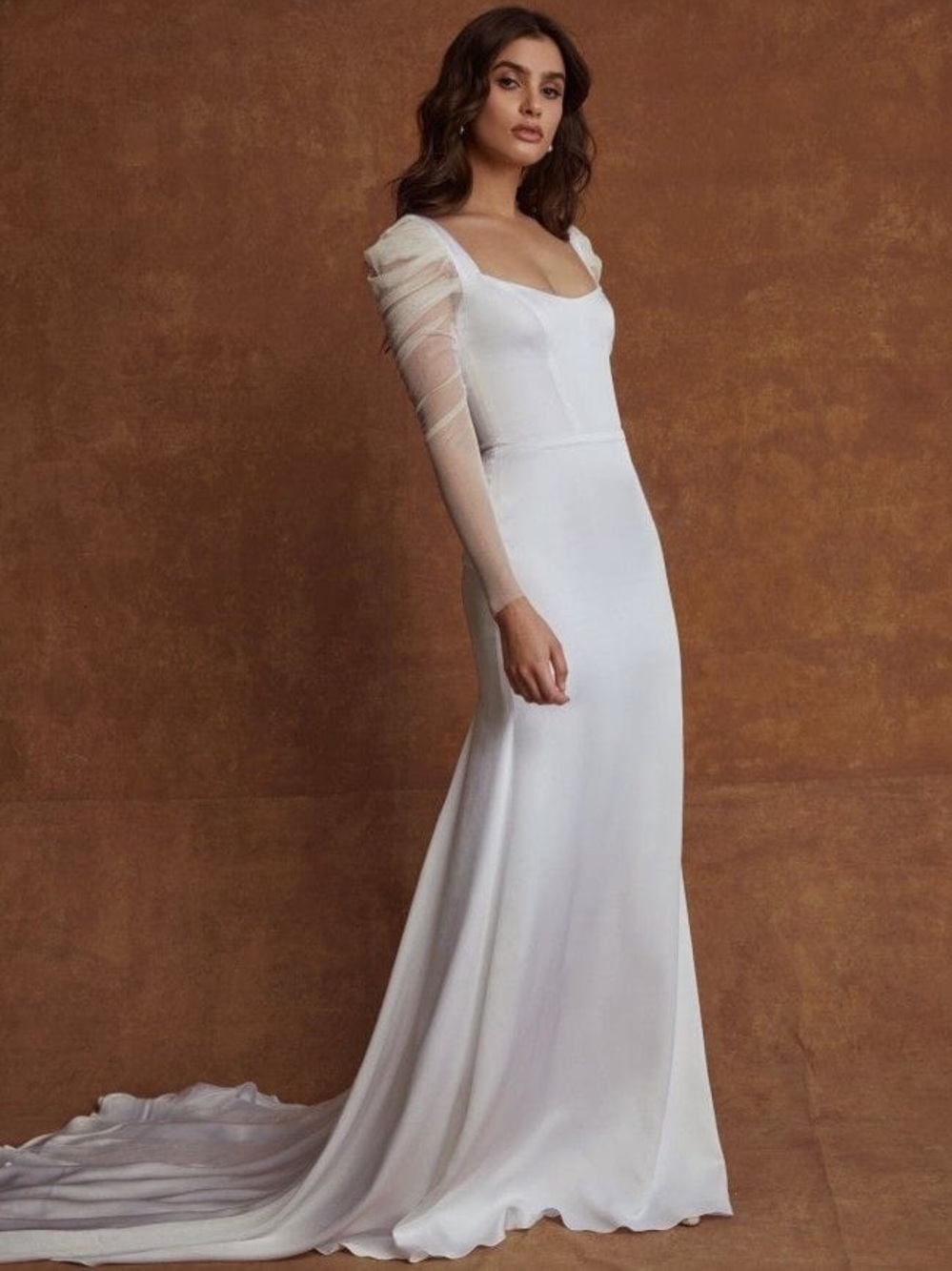Sarah Seven Ivory Satin Wedding Gown w/Draped Cowl Neck /Tulle Flutter Sleeves 8